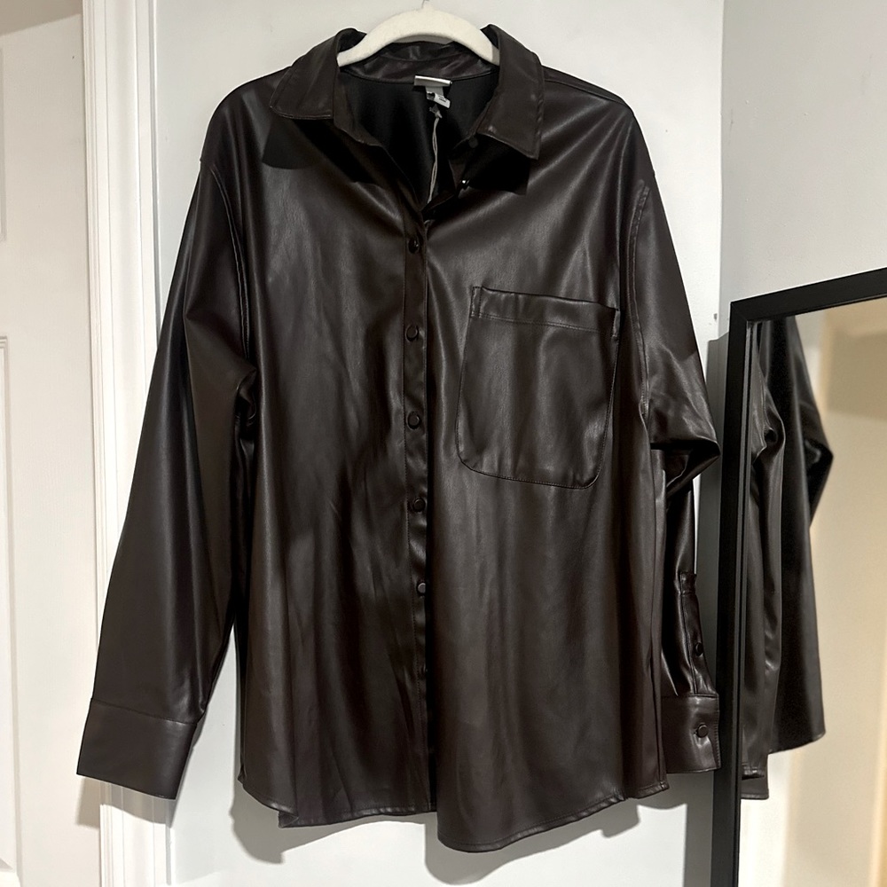 “🤎NWOT! Chocolate Brown Leather Style Button Down